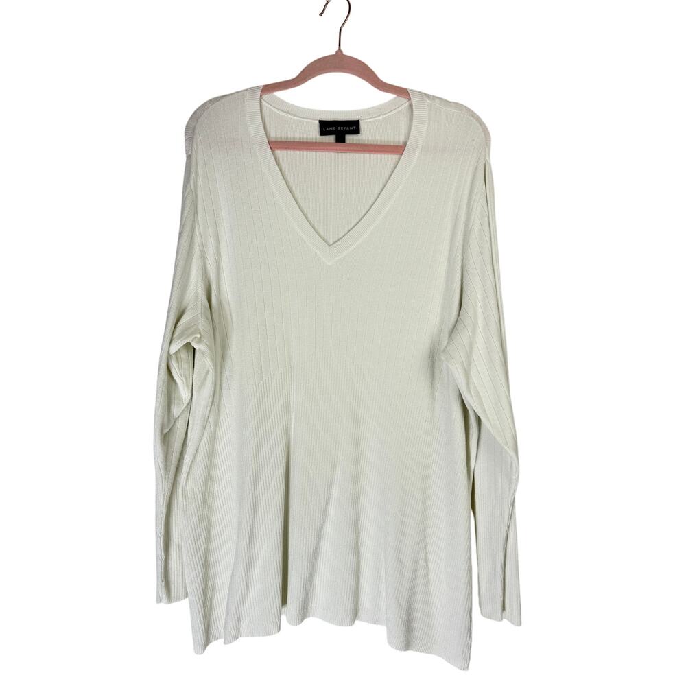 Lane Bryant Ivory V-neck Long Sleeve Pullover Soft Ribbed Sweater Top Size 26/28